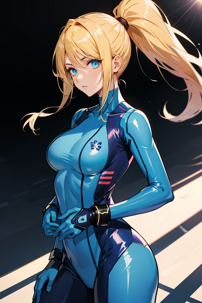 379113-885062165-absurdres, best quality, 1girl, solo, eye focus, looking at viewer, samus aran, ponytail, hair tie, blue gloves, blue bodysuit ,.png